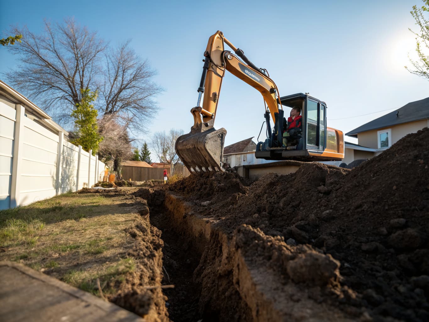 Professional excavating services by Holmes Outdoor - excavator digging precision trench