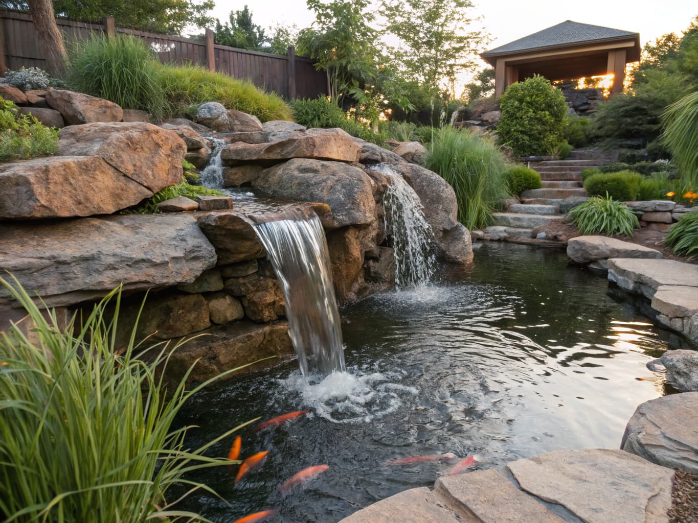 Custom waterfall and koi pond water feature by Holmes Outdoor
